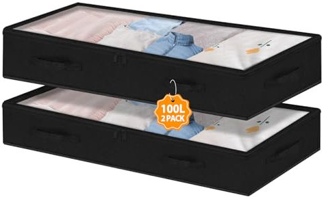 mepure 100L Underbed Storage Boxes, 17CM Tall Extra Large Under Bed Clothes Storage Dorm Room For Blankets Winter Clothing Shoes, Thick Fabric Zippered Flat Storage Bags With Clear Lid, Black, 2 Packs