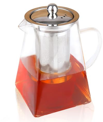 Spring Chef Heat-Resistant Borosilicate Glass Teapot with Strainer 950ml/32.12oz, Square Glass Tea Pot with Infuser, Removable Infuser Tea Pot Handmade