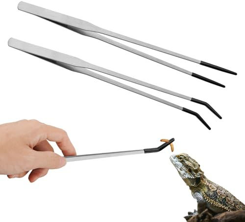 Novery 2PCS Stainless Steel Reptile Feeding Tongs with Rubber Tip, 10.6” Straight & Curved Long Tweezers for Aquarium or Craft, Bearded Dragon Tank Snakes Enclosure Accessories, Terrarium Supplies