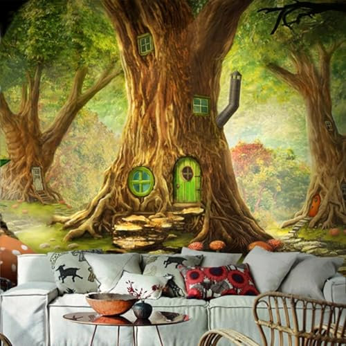Tzxztt Green Forest Treehouse Mushroom Modern 3D Wallpaper Embossed Silk Neutral Tones Material Ideal for Living Room Bedroom-350cm×256cm