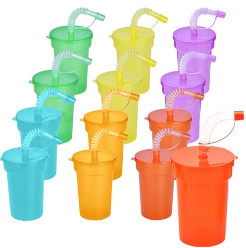Onlvmyur Lot de 12 Gobelet avec Paille et Couvercle Enfant Gobelet Plastique Reutilisable Tasse en Plastique de Couleur Gobelets Fête pour Enfants Adultes Plage Fête