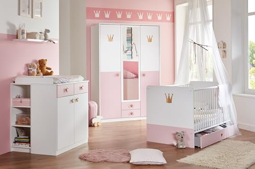 Babyzimmer Cindy in Weiß & Rosé – Prinzessinnen-Kinderzimmer, Hochwertige Möbel Made in Germany mit Krönchen- Applikationen - Verschiedene Set Varianten wählbar (7 teilig mit 3türigem Schrank)