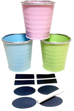 HdHStore© / Juego de Tres Cubos Metálicos en Colores Pastel con Filo Plata más Ocho Pegatinas para Tiza/Set de 3 Cubos Metal Borde en Plata en Azul, Rosa y Verde con 8 Pegatinas Especial Tiza