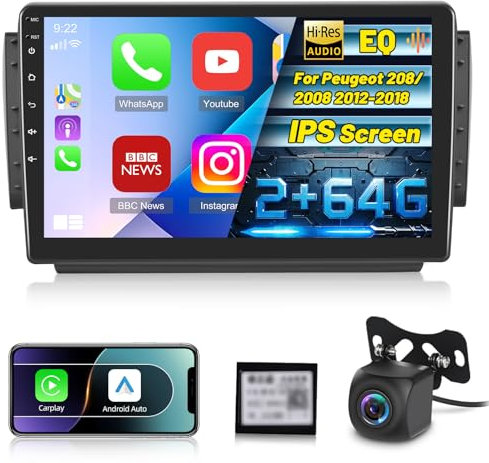 2G+64G Android Autoradio per Peugeot 208/2008 2012-2018 con Senza Fili Carplay e Android Auto, 10 Pollici Schermo 2 Din Radio con GPS/WiFi/Bluetooth/EQ/FM RDS Radio