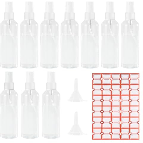 10 Stück Sprühflasche Klein 100ML, Zerstäuber Sprühflaschen Leer für Reise, Parfümzerstäuber mit 2 Trichter und Etikette, Transparente Plastik Spray Flaschen zum Befüllen für Parfüms
