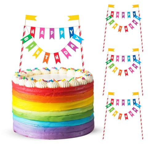 Rainbow Cake Toppers from Totely - Pack of 3 ‘Happy Birthday’ Cake Toppers in Colourful Rainbow Design for Birthday Cakes, Dinners and Parties