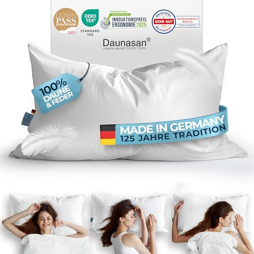 Glückstoff® Daunenkissen 40x80 [Made in Germany] - Hochwertiges Kopfkissen mit 100% Daunen & Federn - Ergonomisches 3 Kammer Daunenkissen - Bettkissen - Sleeping Pillow - Kissen mit Federfüllung