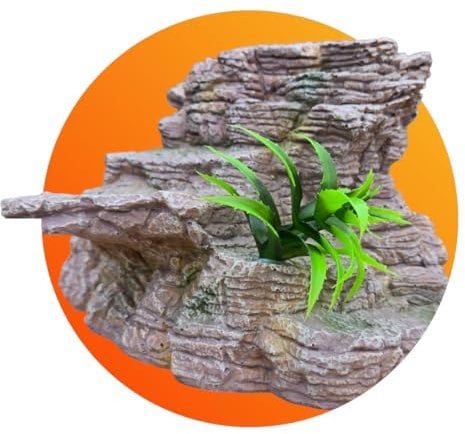 Reptile Terrarium Rock Cave Decoration, Realistic Stone Platform with Artificial Plants, Vivarium Hideout