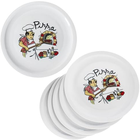 MamboCat Mario Lot de 6 assiettes à pizza XXL I Ø 33,5 cm I pour 6 personnes I Grandes assiettes à pizza blanches en porcelaine avec motif boulanger à pizza I Pour pizzas ou pour servir I Grandes