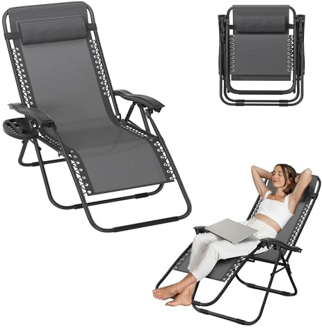 UISEBRT Gartenliege Klappbar mit Getränkehalter & Kopfkissen, Liegestuhl mit Verstellbarer Rückenlehne für Garten, Balkon & Strand, Sonnenliege Relaxstuhl Campingliege bis 120kg, Grau-schwarz