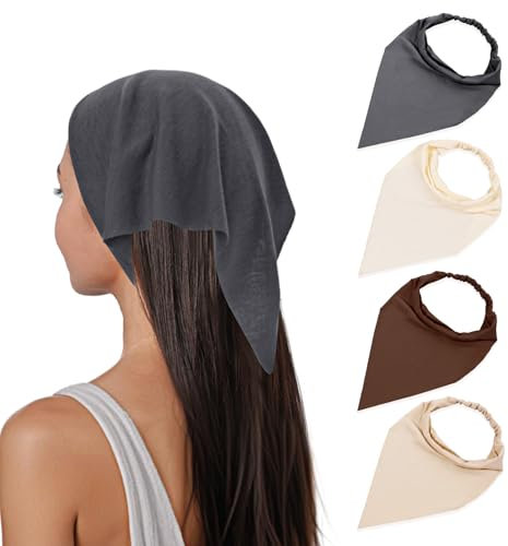 Sibba Lot de 4 bandanas triangulaires élastiques bohèmes antidérapants pour couvrir le cou, foulards solides en coton extensible pour femme, homme, voyage, fête