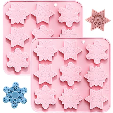 Silikon-Backform Schneeflocken, 2er-Set, 17,9x16,8 cm, Rosa | 9 Mulden pro Form, 3 Verschiedene Motive, Für Schokolade & Seife, Leichte Entformung, Wiederverwendbar