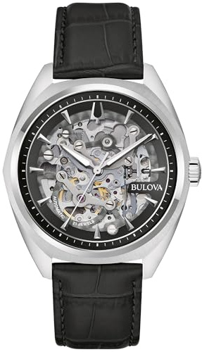 Bulova Men's Automatic Dress Classic Surveyor Watch, Black Leather Strap, Full Skeleton Dial, 42 Hour Power Reserve, 41mm
