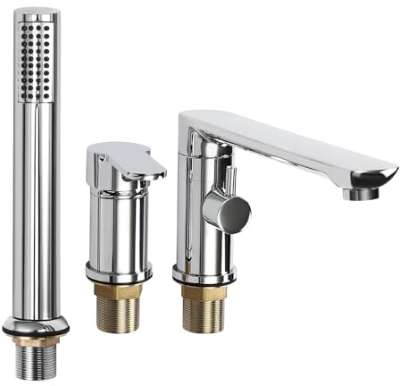 Robinet de baignoire à 3 trous, bord de baignoire avec douchette extensible chromée, rotatif à 360°, robinet cascade, robinet de baignoire, bec de baignoire en laiton