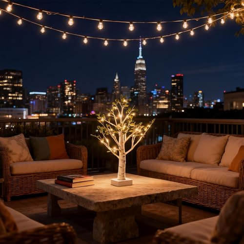 Aufun Weihnachtsdeko Lichterbaum Für Innen mit 24 LEDs Warmweiß, 60cm Künstlichen Bäumchen Birken Herbst Deko Lichterbaum mit blätter Deko Für Tisch Herbstdeko Zum Aufhängen, Innendeko