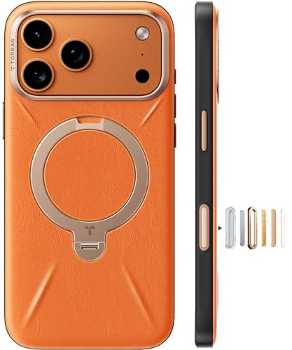 TORRAS 360° Ostand Q3 VegSkin for iPhone 17 Pro Case with Magsafe, 12FT Military Grade Protective | 360° Full-range Mount for iPhone 17 Pro cover with Camera Control & Stylish Orange