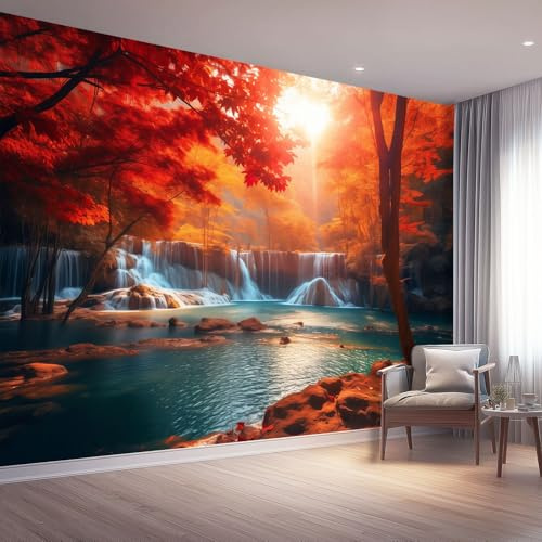 3D Non-Woven Wall Mural, Large Autumn Forest Waterfall Nature Landscape Wallpaper, Custom Panoramic Photo Wall Decor for Modern Living Room Kitchen Bedroom, 350 x 256 cm (W x H)