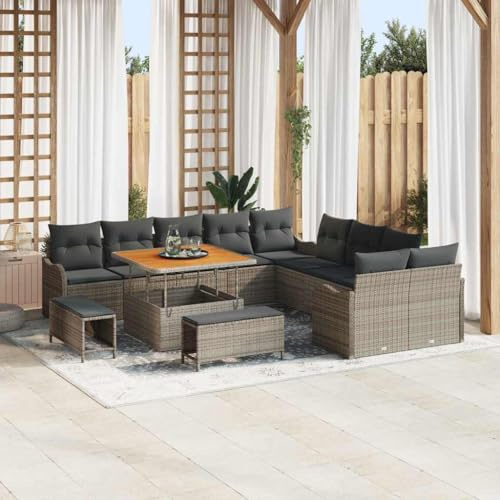 Mandloder Garten-Sofa-Set 13-teilig, Grau Poly-Rattan, Akazienholz, Höhenverstellbar, für Terrasse Balkon, Langlebige Outdoor-Möbel, Witterungsbeständige Sitzgruppe, bis 1395 kg belastbar