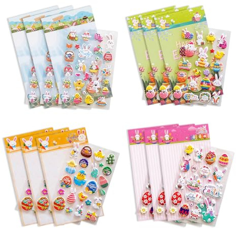 LuLiyLdJ 12 Stück Sticker Ostern, 3D Niedliche Hasen Ostereier Sticker, 4 Stile,Dekorative für Ostern Partygeschenke Scrapbooking Kunsthandwerk Dekorationen