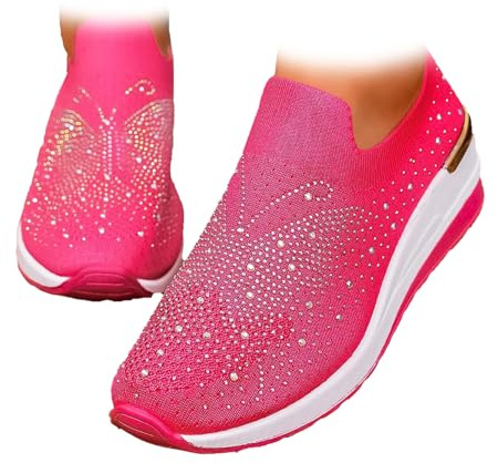 Scarpe da ginnastica da donna in rete traspirante con strass, casual, slip-on Bling scarpe da tennis scintillanti supporto arco elegante zeppa sneaker, Rosa, 37 EU