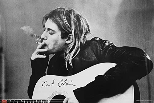 Close Up Nirvana Poster Kurt Cobain Smoking & Guitar (91,5 cm x 61 cm) + 2 St. Schwarze Posterleisten mit Aufhängung