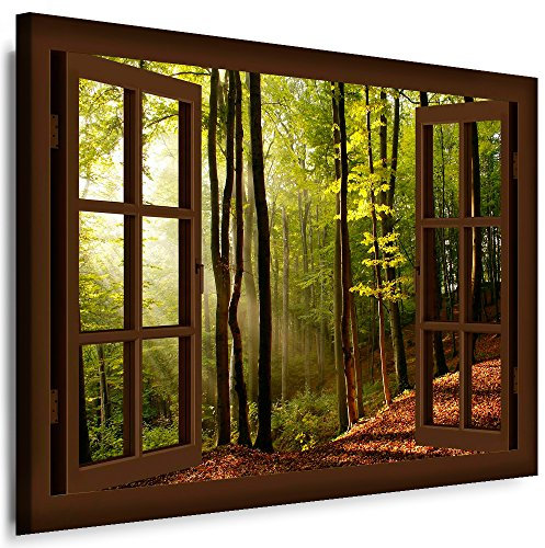 Boikal - Wandbilder Fensterblick 80 x 70 cm Leinwandbild modern Kunstdrucke Wanddesign Wanddekoration Wanddeko Braun Fenster Bild Sonnenuntergang Wald Bäume XXL186-11