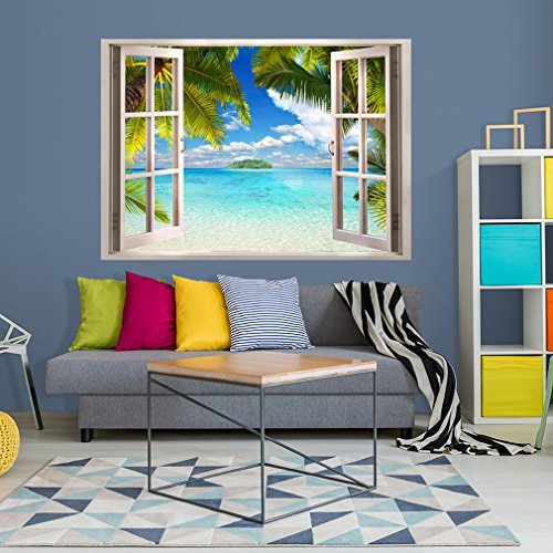 decomonkey | Optische Täuschung | Strand Meer Weitblick Fensterblick 3D Wandillusion ca 140x100 cm Wandbild Fototapete Tapete Poster XXL Vlies Leinwand Bilder Dekoration Panorama TOC0016aM