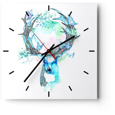Modern Wanduhr Hirsch Natur Landschaft Dekoration 40x40cm Quadrat Groß Wand Uhr Glas Analog Zimmeruhren Küche Büro Wohnzimmer Glasuhr Wall Clock Dekoration Design Küchenuhr C3AC40x40-3126