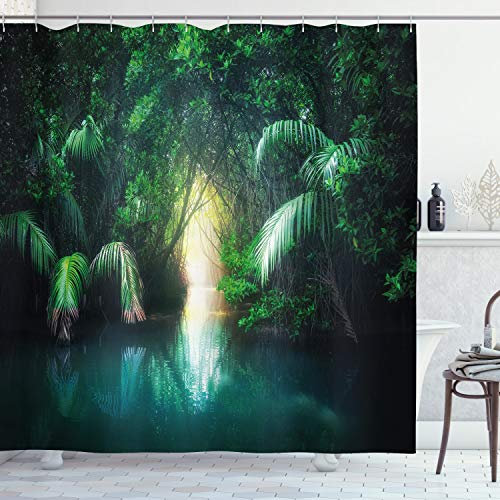 ABAKUHAUS Urwald Duschvorhang, Mangrove Regenwald See, Stoffliches Gewebe Badezimmerdekorationsset mit Haken, 175 x 180 cm, Teal