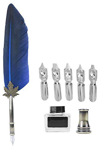 Schreibfeder Set, Schreibfeder Kalligraphie Feder Dip Pen mit 5 Ersatzspitzen in Geschenkbox(Blau)