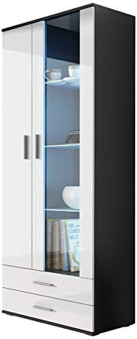 Vitrine mit Blauer LED Beleuchtung SOHO S6 Vitrinenschrank Standvitrine Stauraumvitrine Glasvitrine Schrank Wohnzimmerschrank (Schwarz/Weiß Hochglanz)