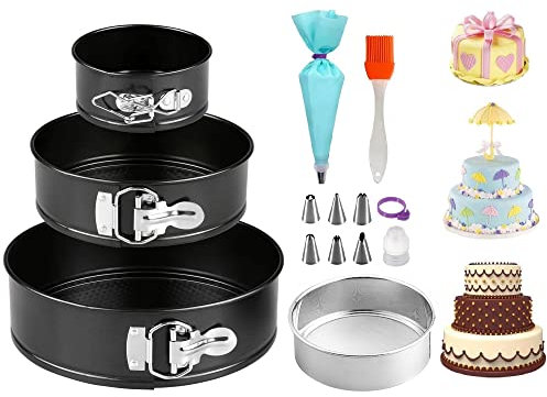 Jingxinxin Cake Tins Set 3 Pcs(4/7/9), Non-Stick Springform Baking Trays & 1 Flour Sieve, Piping Bags and Nozzles 8 Pcs, 1 Oil Brush, Cheesecake Pan with Removable Bottom