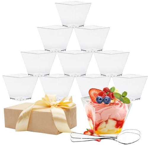 YINVA Mini Dessertbecher 2oz/60ml 50pcs Kunststoff Dessertbecher + 50pcs wiederverwendbare Löffel Quadratische wiederverwendbare Dessertbecher für Pudding Mousse Party (Transparent
