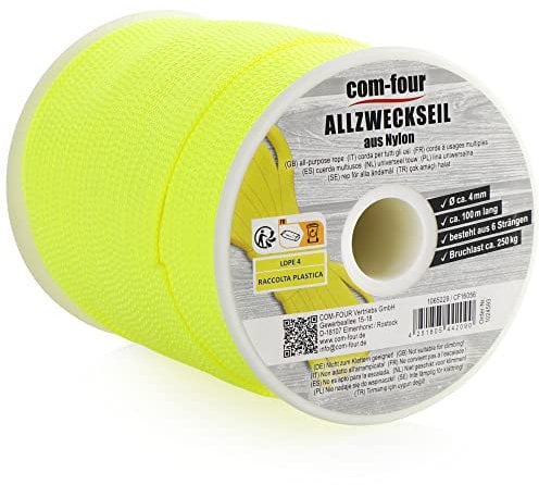 COM-FOUR® Paracord Schnur Ø 4mm, 100m - Seil mit 6 Kern Strängen für Boot, Camping, Outdoor - Nylonseil mit 250kg Tragkraft - Zeltseil, Abspannseil, Allzweckseil