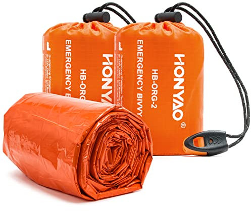 HONYAO Saco de Dormir Emergencia, Mantas Termica de Aluminio, Supervivencia Bivy para Vivac, Cámping, Excursionismo, Trekking (Naranja con Silbar#2)