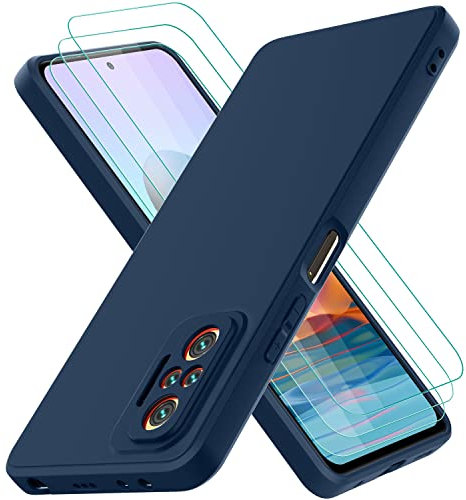 Oureidoo Funda para Xiaomi Redmi Note 10 Pro con 3 Unidades Cristal Templado, Carcasa de Sedoso-Tacto Suave Silicona Líquida, Cubierta a Prueba de Golpes con Forro de Microfibra, Azul