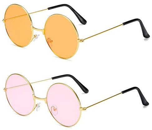 YuZhou 2 PCS Hippy Specs Sunglasses, Metal Round Frame Sunglasses Circle Retro Glasses Hippie Round Festival Vintage Sunglasses Disco Glasses Colored Lens Fancy Dress Sunglasses