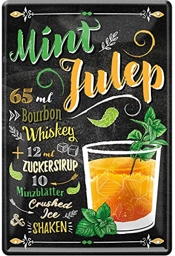 Tin Sign Blechschild 20x30 cm Rezept Mint Julep Whiskey Minze Sirup Cocktail Bar Kneipe Cafe Haus + Garten Küche Wand Deko Geschenk