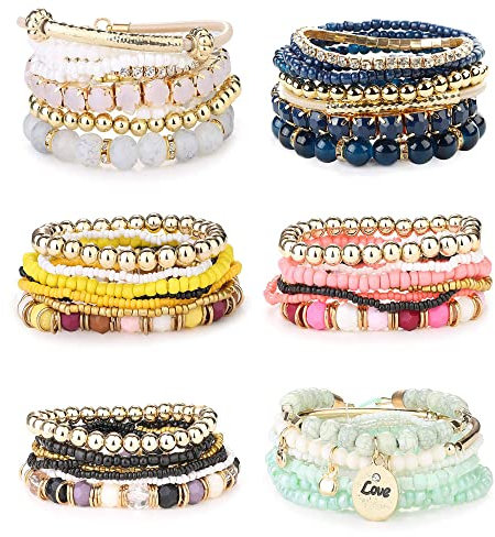 JeryWe 44 Stück 6 Sets Boho Armband Damen Frauen Mädchen, Multilayer verstellbar Perlen-Handkette,Stretch Bunte Armbänder,Geschenk Beste Freundin,Festival Accessoires A