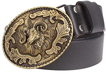 CECECOLEPansr Coole Ziegenblumen Widder Kopf Schnalle Leder Gürtel Männer Jeans Punk Rock Cowboy Bund Hip Hop Gürtel Männliche Kleidung Accessoires Strap, Schwarzer Gürtel, 115Cm (45,3 Zoll)