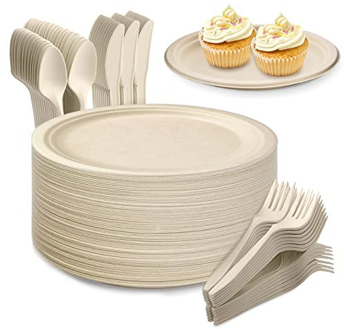 Yidaxing Vajilla Desechable Biodegradables, 200 Piezas Incluye 50 Platos 50 Tenedores 50 Cuchillos y 50 Cucharas, Platos para Cumpleaños, Fiestas, Cámping, Picnic, Barbacoas (17.8cm Color Madera)