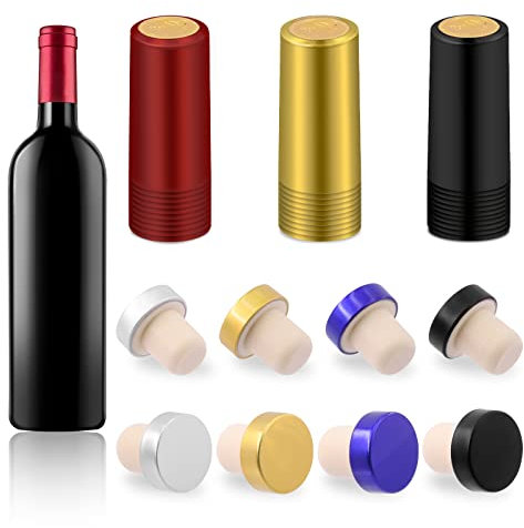 GLARKS Wine Bottle Cork Stoppers & PVC Heat Shrink Capsules Kit, T-Shape Natural Wood Corks, 4 Colors and 3 Colors Seals for Wine Beer Bottles, Wine Making and Decor