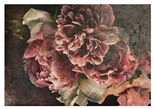 WallArena - Vlies Fototapete Blumen Vintage Retro Pfingstrosen Beton Betonwand 104x70 cm - Fototapeten Tapeten für Wohnzimmer Schlafzimmer Vliestapete Wandtapete Tapete 3D Effekt- inkl. Kleister
