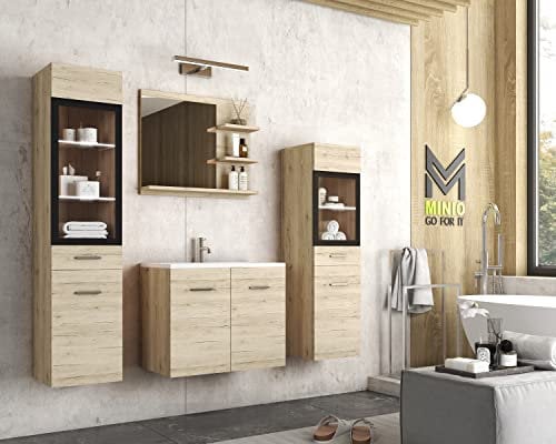 MINIO go for it - Badezimmermöbel Set Marit 1, mit LED-Belechtung, Spiegel mit Regal, Schrank mit Waschbecken, Laminierte Spannplatte, Farbe: San Remo Eiche