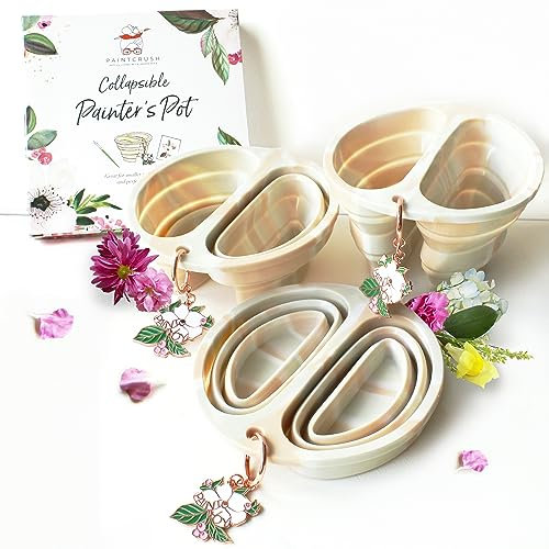 Paint Brush Cleaner Rinse Cup w/2 Wells by Kristy Rice | Silicone Collapsible Paint Water Cup w/Carabiner | Stain Resistant Paint Brush Washer | Rinser, Brush Cleaner