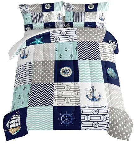 HOSIMA Nautisches Bettwäsche-Set, voll, kariert, Patchwork, Ozean-Thema, Bettwäsche, Segelboot und Anker-Druck, marineblaue Bettdecke, volle Größe mit 2 Kissenbezügen.