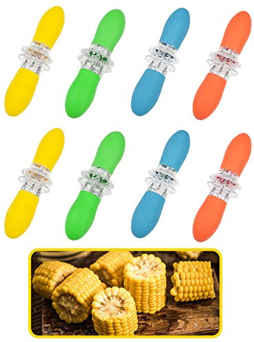 SENZEAL 16 piezas/8 pares de soportes para mazorcas de maíz de acero inoxidable para mazorcas de maíz, tenedores entrelazados para barbacoa, soportes de maíz dulce, pinchos de silicona