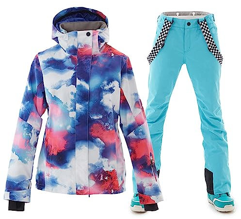 ALSOGO Damen Skianzug Schneeanzug Winddicht Wasserdicht Skifahren Snowboardjacke Trägerhose Set Zum Skifahren Snowboarden Klettern SMNHua+Blue S