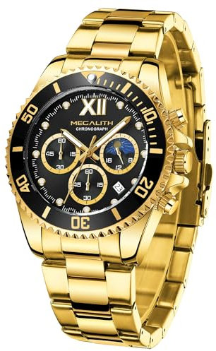 MEGALITH Uhren Herren Chronograph Edelstahl - Gold Herrenuhr Moon Phase 43mm Designer Wasserdicht Armbanduhr Herren Groß Datum Leuchtende Männer Uhr Analog Quarz, Geschenk für Männer