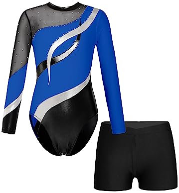 JanJean Kinder Mädchen Gymnastikanzug Glänzend Ballettanzug Langarm Turnanzug Ballett Trikot mit Kurze Hose Wettbewerb Tanzkostüm X Königsblau 134-140